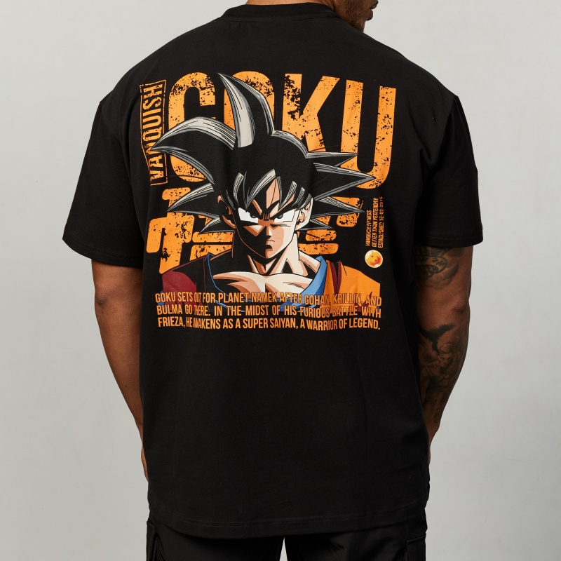 Vanquish Fitness DBZ Goku Black Distressed Print Oversized T Shirt Schwarz | XJVTUW751