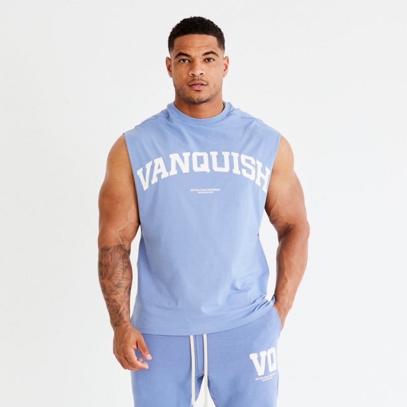 Vanquish Fitness Washed Blue Varsity Oversized Ärmellose T Shirt Blau | USPLJH598